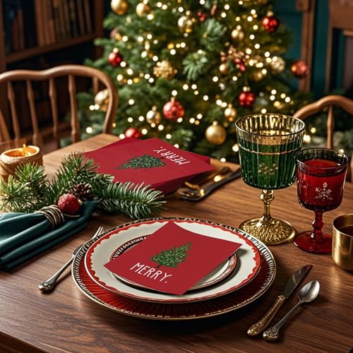 Wrapaholic 50 Pcs 3-Ply Christmas Napkins 6.5x6.5 Red with Tree & Merry