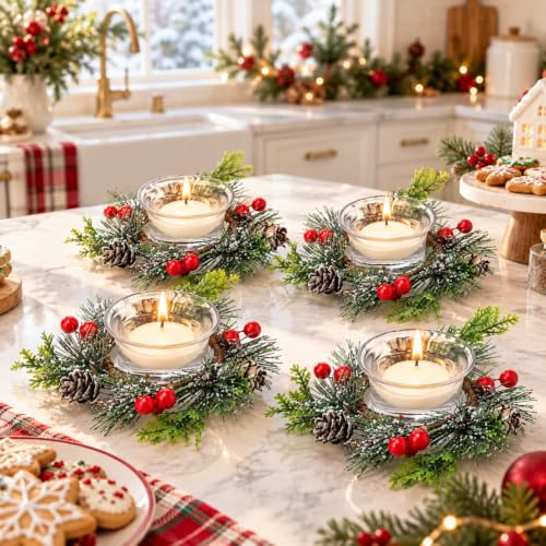 Christmas Candle Ring Wreath Set with Votive Candles & Holders - Holiday Decor