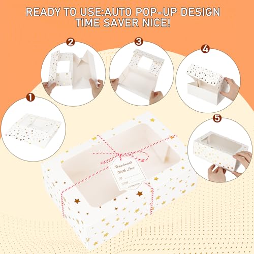 White & Gold 24 Pack Christmas Cookie Boxes with Window 9x6x3 Inches Bakery Gift Packaging