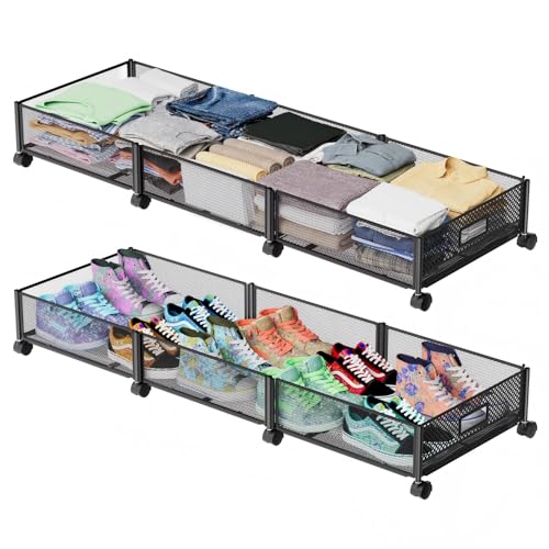 Nonkky 2-Pack Large Under Bed Storage Drawers with Wheels - Foldable Metal Containers for Shoes, Clothes, Toys, 47.2x15.7 Inches