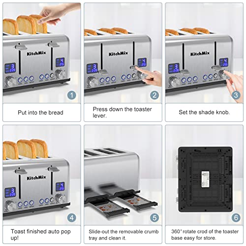 KITCHMIX 4 Slice Stainless Steel Toaster with LCD Timer & Wide Slots - Dual Control & Bagel Function