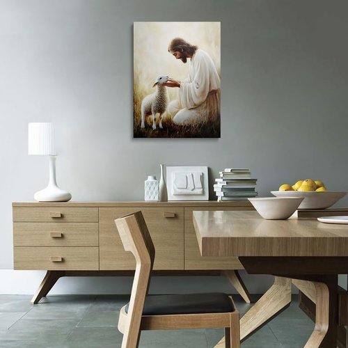 Jesus Holding Lamb Canvas Wall Art - Serene Religious Decor for Home & Church | 12x16 Inches