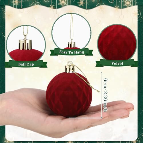 PullCrease 32 Pcs Velvet Christmas Ornaments - Mixed Texture, 2.36 Inch Flocked Holiday Decorations