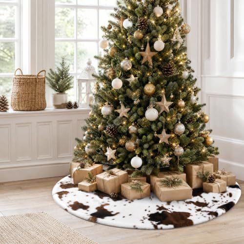 48 Inch Faux Fur Christmas Tree Skirt Black Cow Xmas Decoration for Holiday Decor