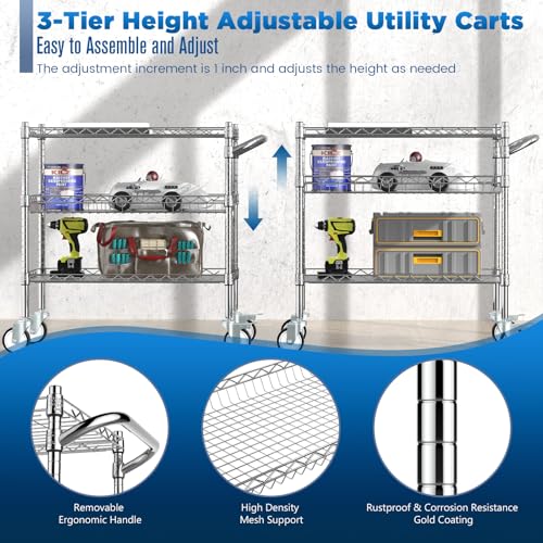Leteuke Matte Chrome 3-Tier Heavy Duty Rolling Utility Cart with Wheels