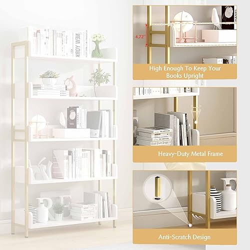 OSCHF 3-Tier Open Shelf Bookcase - White with Gold Frame, Modern Storage