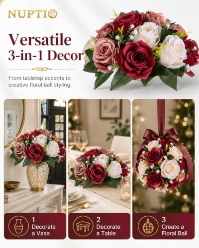 Artificial Flower Centerpieces - Fake Rose Balls with Patented Bases, 10 Pcs, Burgundy & White