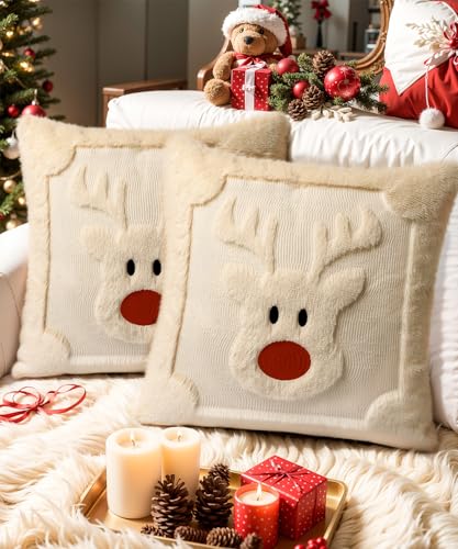 SEGXCFL Faux Fur Christmas Pillow Covers 18x18 Set of 2 with Reindeer Pattern – 18in Throw Pillow Covers