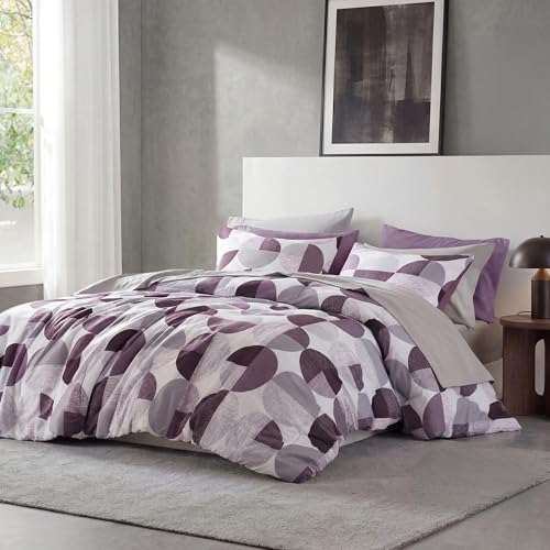 Queen Comforter Set with Sheets Plum Purple & Grey Geometric Bed in a Bag