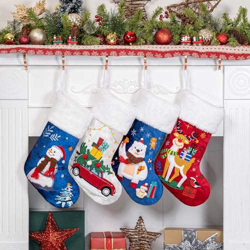 BHD BEAUTY Blue & Red Christmas Stocking 4 Pack Velvet Embroidery Holiday Decor