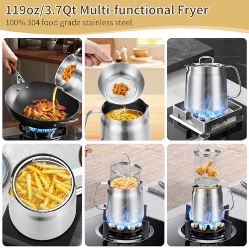 3.7 Quart Stainless Steel Deep Fryer Pot with Basket & Oil Strainer - Dishwasher Safe