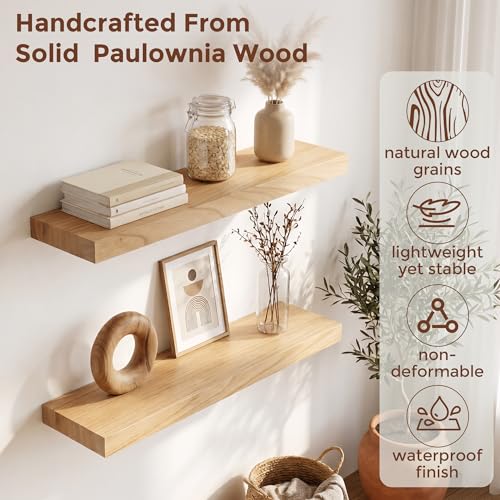 Natural Wood Floating Shelves 24 Inch Set of 2 - Wall Mount Storage