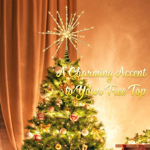 Obralitic 15 Inch Gold Starburst Christmas Tree Topper with 150 Lights & Remote