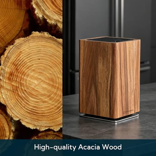 KITCHENDAO Magnetic Knife Block - Fixed Parallel Slot, 360° Rotary Acacia Wood, Large Capacity Kitchen Organizer