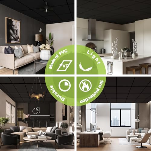 Black 2ft x 2ft Drop Ceiling Tiles - Waterproof & Fire-Rated PVC - Pack of 12