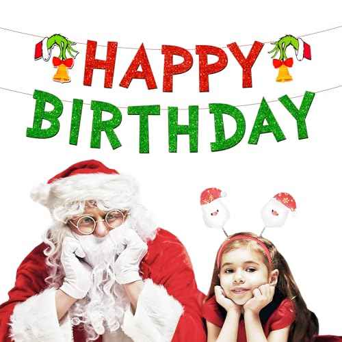 Merry Christmas Birthday Banner, No DIY, Glittery Happy Xmas Themed Party Decorations Red and Green December Party Supplies