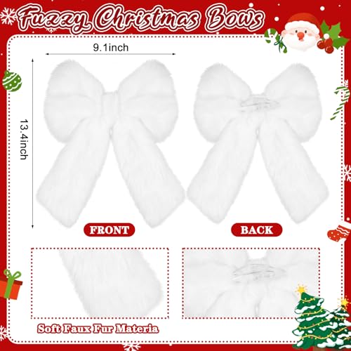 Janinka 6Pcs Large White Faux Fur Christmas Bow Ornaments 13.4 x 9.1 in - White/Plain