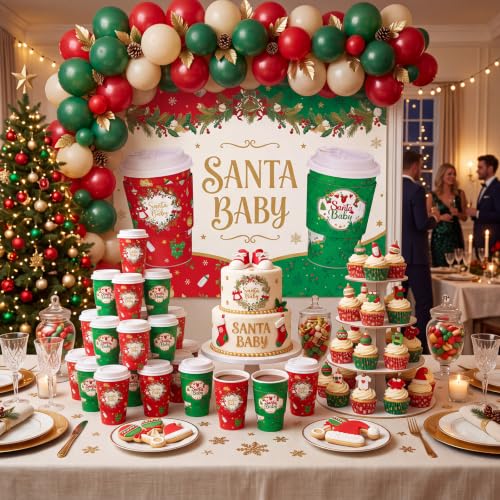 FoldTier 100 Count Santa Baby Coffee Cups with Lids & Sleeves - 12 oz (Red/Green) Baby Shower Set