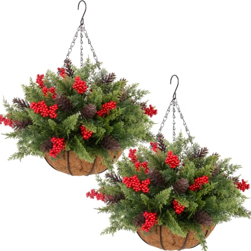 Daynight Artificial Christmas Cedar Pine Hanging Baskets Set with Red Berries & Pinecones - Outdoor Holiday Decor