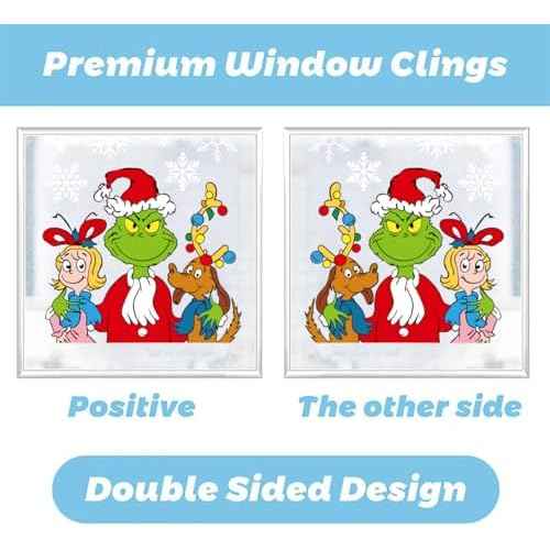 Christmas Window Clings Decorations for Window Glass, Large Xmas Green Red Stickers Decals Decor 9 Sheets Reusable Double Sided Window Stickers, Merry Christmas Gel Decals Indoor Party Supplies
