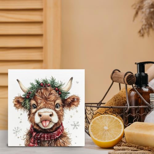 Cow Variation Christmas Western Wooden Sign - 5x5 Inch Box Decor, Highland Baby Snowy Home & Kitchen