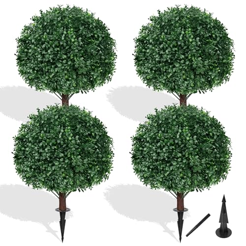Artificial Boxwood Topiary Ball Tree Set of 4 with Ground Spikes - 16x16x23 Inches - Outdoor & Indoor Decor