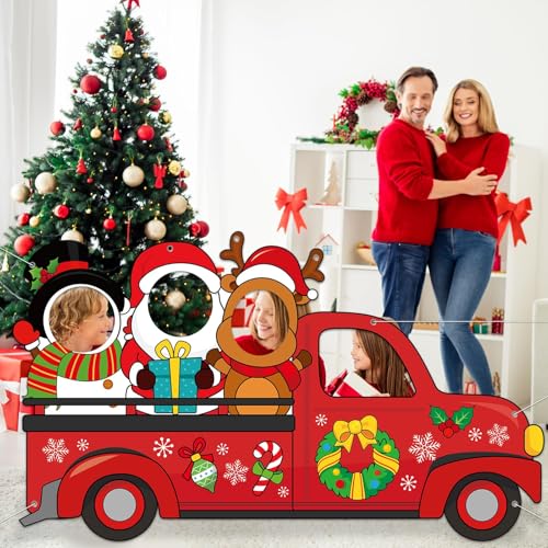 Large 75 Inch Christmas Red Truck Photo Booth Backdrop with Reindeer Santa Snowman