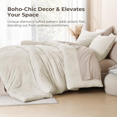 Oversized King Comforter Set - 3 Piece Boho Tufted Bedding in Beige - 120x98