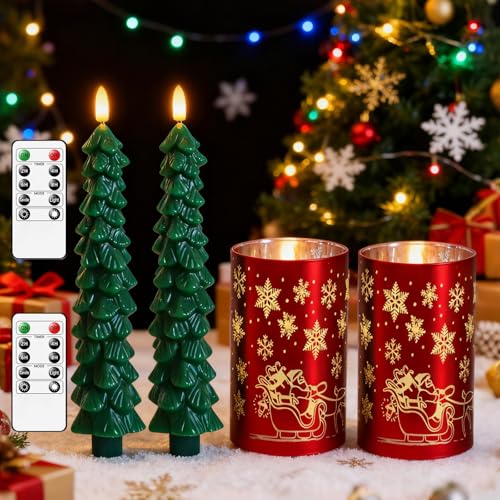 Lezonic Red & Green Flameless Christmas Candles with Remote - Battery Operated Set of 4, Lifelike Wax Xmas Decor