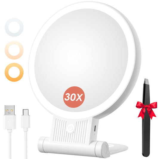 Auxmir 1X/ 30X Magnifying Mirror with Light, Double Sided Makeup Mirror with Adjustable Folding Handle, Lighted Vanity Mirror with Tweezer, Portable Tabletop Mirror for Travel Home