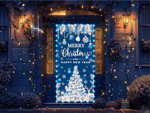 Lighted Christmas Door Cover - Blue Silver Tree Banner for Holiday Decor