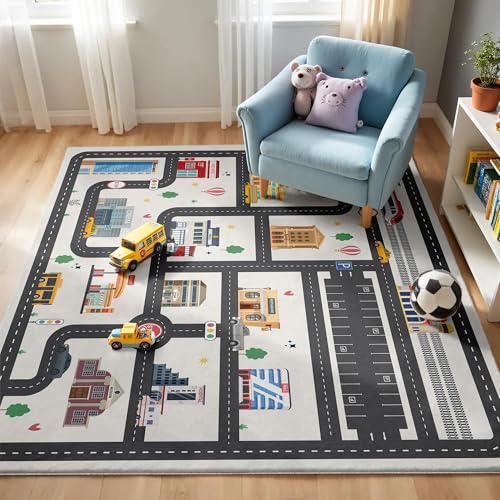 Nayoroom Kids Car Road Playroom Rug 4x6 ft Faux Wool City Map Non-Slip