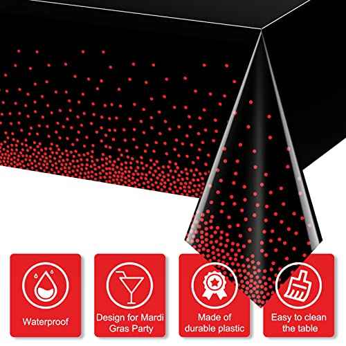 1 Pack Red and Black Dot Plastic Tablecloth, Red Stamping Dot Confetti Rectangle Plastic Disposable Table Cover for Birthday Wedding Baby Shower Engagement Anniversary Party Decorations, 54 x 108 Inch