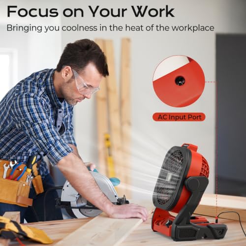 Red Battery Operated Camping Fan with USB Charging & LED Lights - Portable, 4 Speeds, Hook, for Milwaukee M18 Batteries