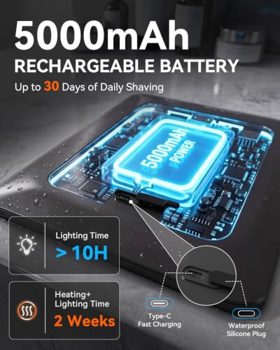 DeLanges Gunmetal Grey Heated Shower Mirror Fogless with Dimmable LED Lights, Rechargeable & 360° Adjustable, All-in-One Shaving Storage