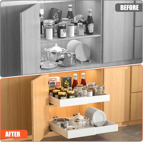 DEKAVA 4 Pack Pull Out Cabinet Organizer - Expandable, White, Fits 12-20" Wide, 21" Deep