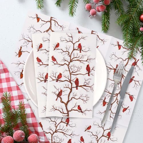 25 Pcs Christmas Dinner Napkins 3-Ply Red Bird Disposable Holiday Party Paper Towels