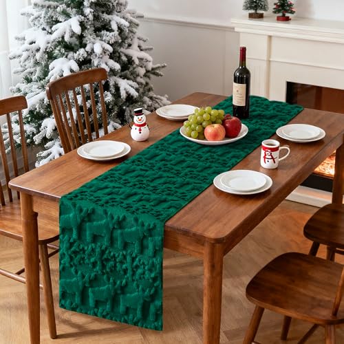 OTOSTAR Snowflake & Elk 13x108in Plush Faux Fur Table Runner, Green