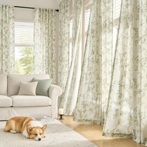 Charlotte Green Linen Floral Curtains - Farmhouse 50x84 Inches, Pack of 2