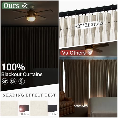 Blackout Linen Curtains Set - 50W x 96L, Birch, 2 Panels, Thermal Insulated