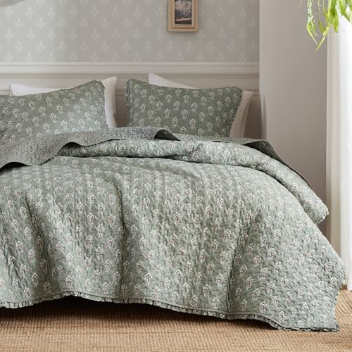 Madison Park Vintage Floral Reversible Bed Quilt Set King Cal Green Sage