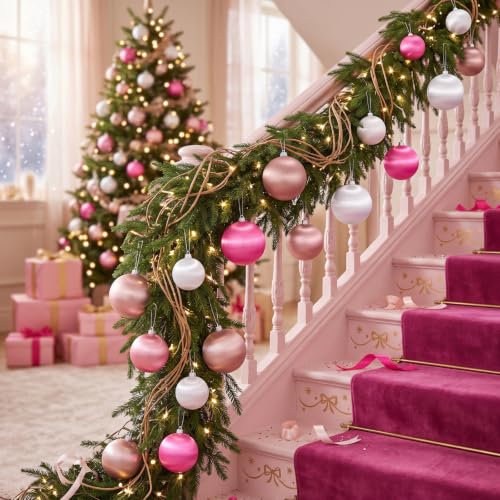 Hungdao 18 Pcs Pink Satin Christmas Ornaments 3.15" Holiday Decor Set