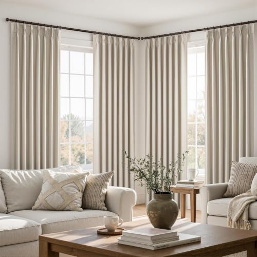 Blackout Linen Curtains 40x108 Inches Set of 2 - Oatmeal Pinch Pleated Bedroom Drapes