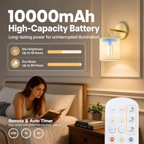 Wireless Battery Operated Wall Sconces Set of 2 - Gold RGB with Remote, Detachable Hooks