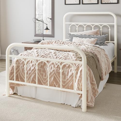 Allewie Twin Size Cream Metal Platform Bed Frame with Headboard - Victorian Style