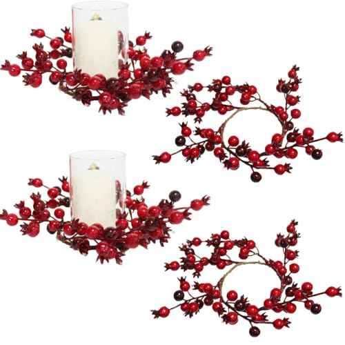 2 Pcs Christmas Burgundy Berry Candle Rings Wreaths Kitchen Cabinet Wreath Table Centerpieces Mini Rings for Pillars Window Chair Wall Decor Wreath Candle Holder (Burgundy)