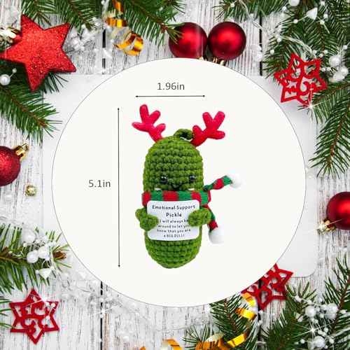 Christmas Crochet Pickle, Positive Crochet Animals with Message, Handmade Gifts with Antlers and Plaid Scarf, Funny Xmas Decorations (Christmas Cucumber)
