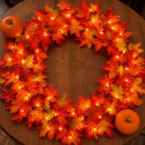 3-Pack Plug-In Fall Garland Lights with 50 Orange Incandescent Bulbs - 9FT Connectable Holiday Decor