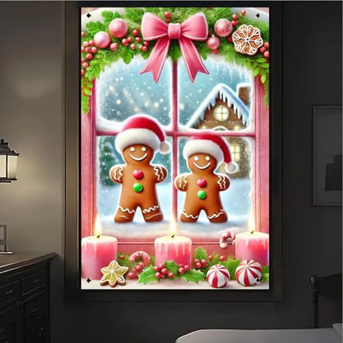 Christmas Window Cover 31x47 Inch Gingerbread Couple Window Decoration with Pink Bow and Scene Holiday Window Banner for Kids Christmas Decor