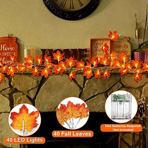 [Timer] Fall Garland with Lights Fall Decor 16.4 Ft 40 LED Enlarged Maple Leafed Fall String Lights Battery Operated Waterproof Thanksgiving Lights Autumn Fall Decorations for Home Indoor Outdoor